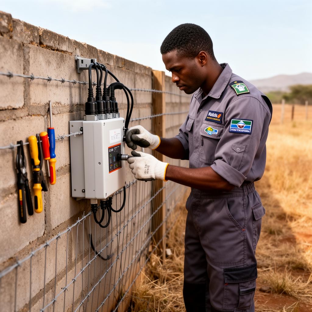 Technician servicing perimeter security fencing at a Gauteng property