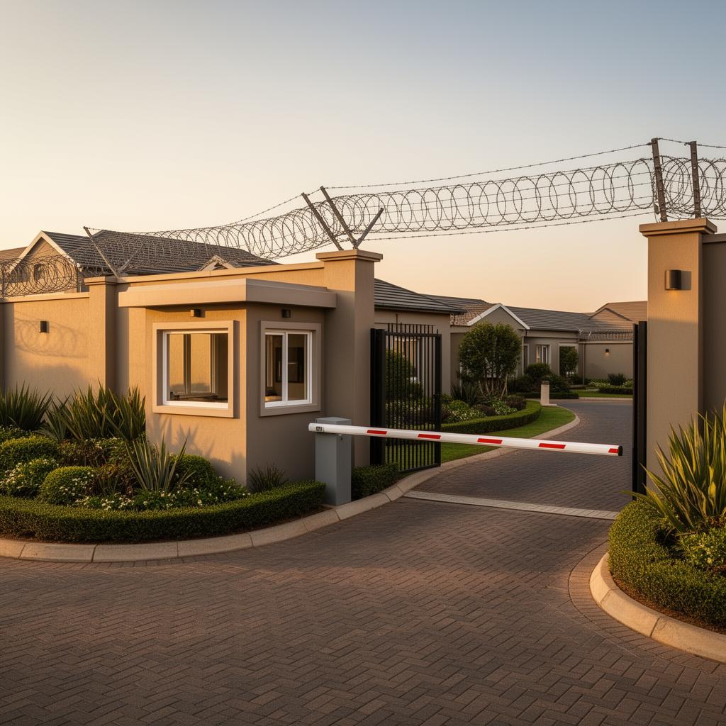 Electric fencing and automated boom gate at a residential estate entrance in Gauteng
