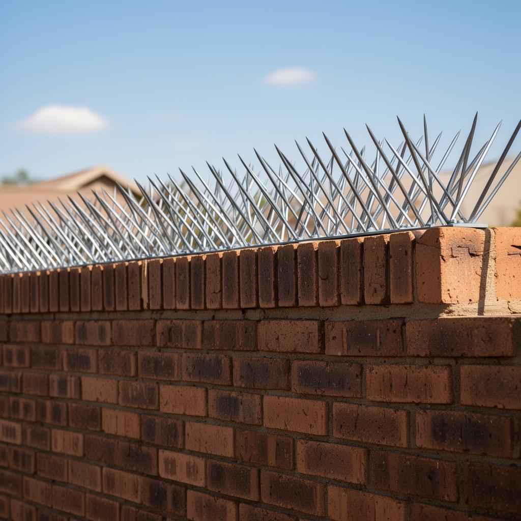 Anti-climb wall spikes and razor wire reinforcing a boundary wall in Gauteng